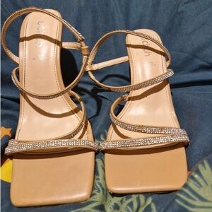 Beige Rhinestone Strappy Heels with Ankle Wrap - Women